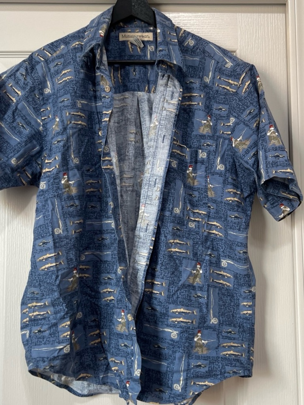 Men's Short Sleeve Blue fishing print  Shirt